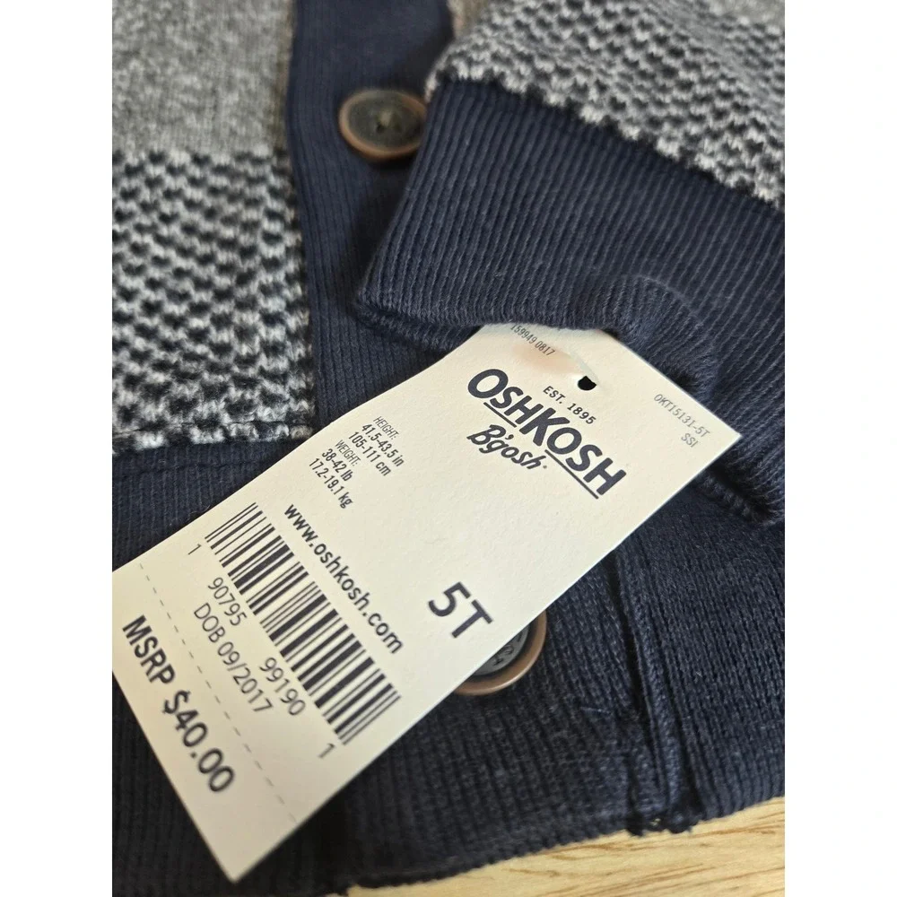 OshKosh B'gosh Boys Navy and Gray Striped Shawl Collar Cardigan Sweater 5T